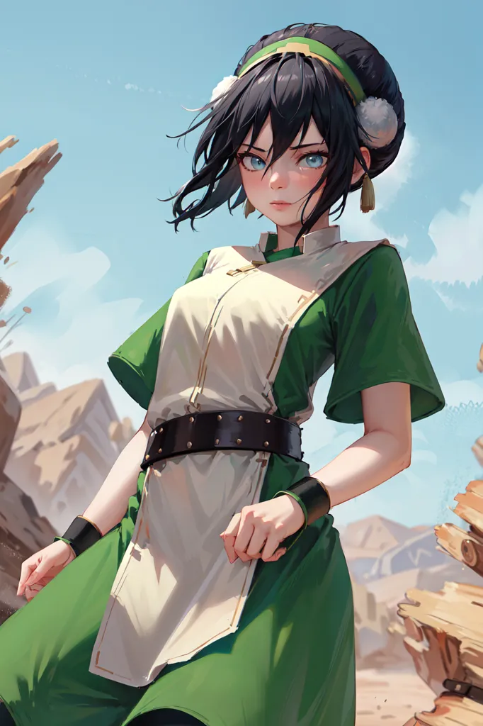 The image is of Toph Beifong from the Nickelodeon cartoon Avatar: The Last Airbender. She is standing in a rocky canyon, with a determined expression on her face. She is wearing a green tunic with a white undershirt, brown belt, and green pants. Her hair is short and black, and her eyes are blue. She is standing in a fighting stance, with her feet shoulder-width apart and her fists clenched. The background is a blur of brown rocks and blue sky.