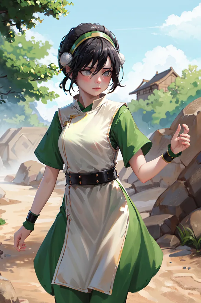 The image is of a young woman with dark hair and green eyes. She is wearing a green tunic with a white sash and brown belt. She has a determined expression on her face and is standing in a rocky landscape. In the background, there is a building on a hill. The image is likely depicting Toph Beifong, a character from the Avatar: The Last Airbender series.