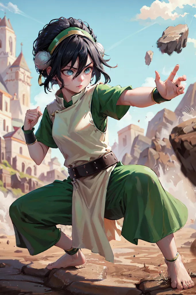 The image is of Toph Beifong from the Nickelodeon animated series Avatar: The Last Airbender. She is standing in a fighting stance, with her left fist raised and her right hand outstretched. She is surrounded by rocks, which she is presumably using to fight. In the background is a building. Toph is wearing a green and white outfit, with her hair in a bun. She is barefoot.