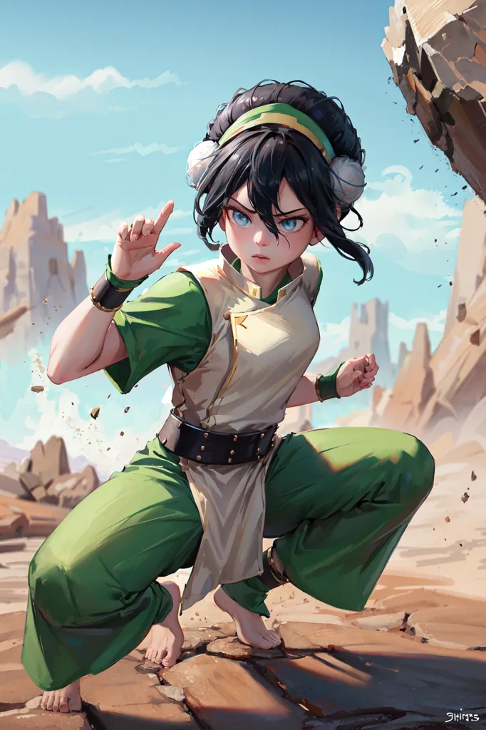 The image shows a young woman in a green outfit standing in a rocky terrain. She has brown hair tied up in a bun and blue eyes. She is in a fighting stance, with her left hand raised in the air and her right hand on the ground. She is surrounded by rocks and rubble, and there are large rocks floating in the air behind her. The sky is blue with white clouds.