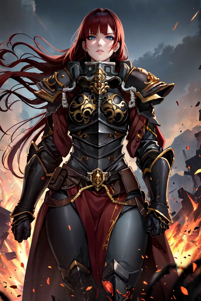 L'image représente une femme dans une armure. L'armure est noire et dorée, avec des accents rouges. La femme a de longs cheveux rouges qui flottent au vent. Elle se tient dans un champ de feu, et il y a les ruines d'une ville à l'arrière-plan. La femme tient une épée dans sa main droite. Elle a un regard déterminé sur son visage, et il est clair qu'elle est prête à se battre.