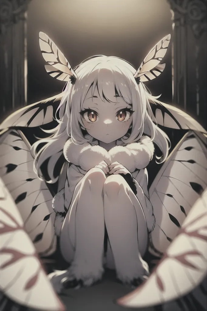 The image is of a white-haired anime girl with moth wings. She is sitting on a white surface, with her legs tucked in and her arms wrapped around her knees. Her eyes are wide and innocent, and she has a small, gentle smile on her face. The background is a soft, light grey, with a few small, white stars scattered around. The girl's wings are large and delicate, and they are covered in intricate patterns. Her hair is long and flowing, and it is tied back in a loose ponytail. She is wearing a simple white dress, and she has a small, white bow in her hair. The girl is sitting in a relaxed pose, and she seems to be enjoying the peace and quiet of her surroundings.