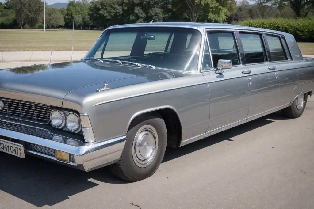 L'image montre une limousine grise Zil. C'est une voiture de luxe de grande taille qui a été produite en Union soviétique de 1967 à 1985. Elle était utilisée par des responsables gouvernementaux et d'autres personnalités. La voiture est de couleur argent et a une carrosserie longue et élégante. Elle a une calandre et des pare-chocs chromés, et les roues sont également chromées. L'intérieur de la voiture est spacieux et luxueux, et il comporte divers équipements, comme un bar, une télévision et un téléphone.