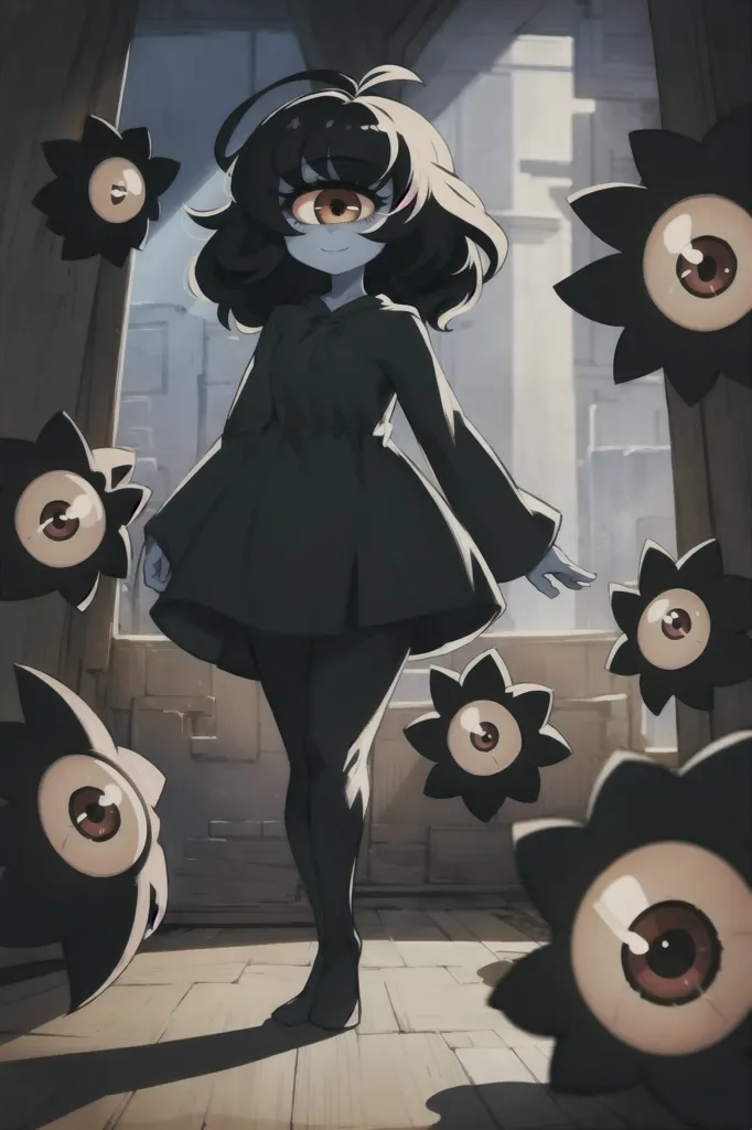 This image shows a girl with black hair and one visible brown eye. She is wearing a black dress and black stockings. She is standing in a room with white marble floors and walls. There are several creatures in the room with her. These creatures are black with multiple eyes and resemble flowers. The girl is looking at the viewer with a neutral expression.