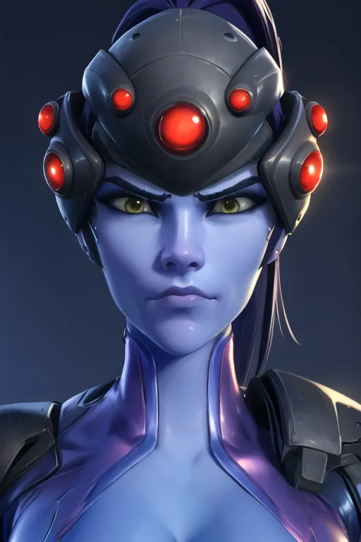 The image is a headshot of the character Widowmaker from the video game Overwatch 2. She is a pale-skinned woman with purple hair and yellow eyes. She is wearing a black and purple bodysuit and a helmet with red lenses.