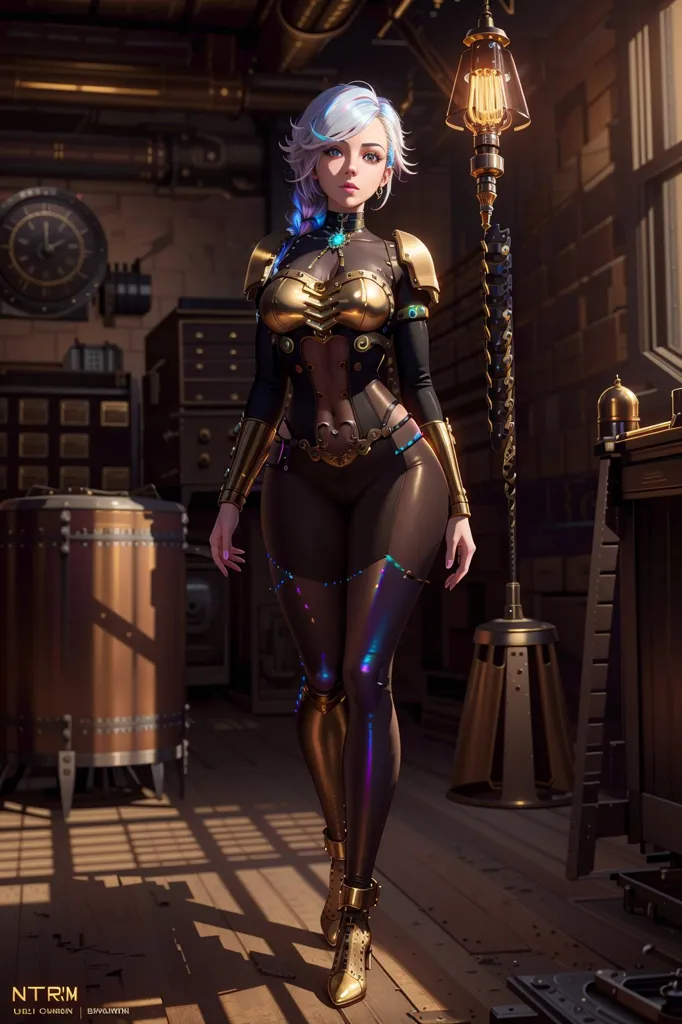 The image is of a steampunk woman standing in a workshop. She is wearing a black and gold steampunk outfit with a corset, gloves, and boots. She has white hair and blue eyes and is holding a staff in her right hand. The background of the image is a workshop with a wooden floor and walls. There are various steampunk gadgets and tools on the shelves and tables.