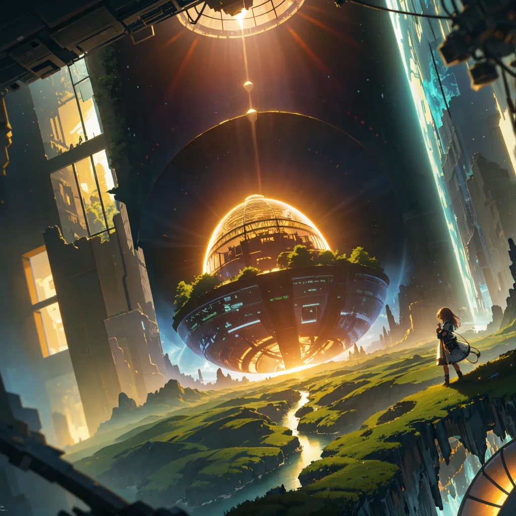 The image shows a girl standing on a cliff in a post-apocalyptic city. The city is in ruins, with broken buildings and overgrown vegetation. There is a large sphere in the sky above the city. The sphere is made of glass and metal, and it glows with a bright light. The girl is looking at the sphere with a look of wonder on her face.