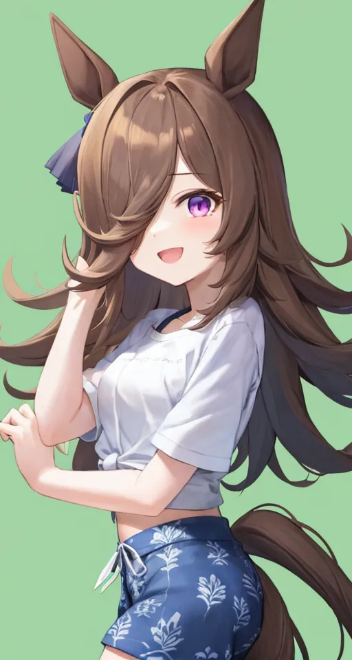 The image is of an anime girl with brown hair and purple eyes. She is wearing a white shirt and blue shorts. She has a ponytail and is smiling. She has horse ears and a tail.