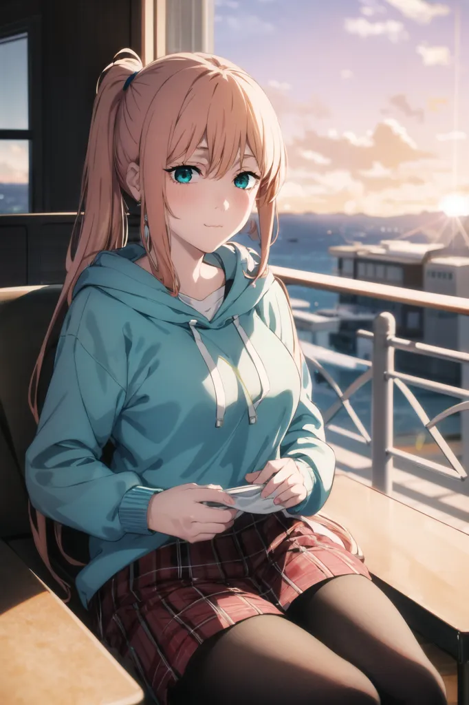 The image shows a young woman with long blonde hair tied in a ponytail. She is wearing a blue hoodie and a gray pleated skirt. She is sitting on a chair in front of a window. The window is open, and she is looking out at the view. There is a cityscape in the background. The sun is shining, and there are clouds in the sky. The woman is holding a book in her hands. She is smiling.