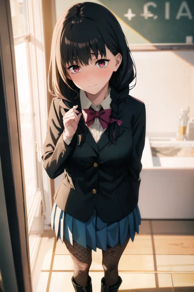 The image shows a young girl with long black hair and red eyes. She is wearing a school uniform consisting of a black blazer, a white shirt, and a blue skirt. She is also wearing a red bow tie and black boots. She is standing in a room with a window and a door. The room is lit by the sun. The girl is looking at the viewer with a shy expression on her face.