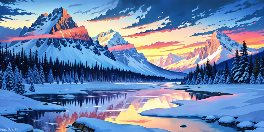 The image shows a beautiful winter landscape with snow-capped mountains, a frozen lake, and pine trees. The sky is a gradient of orange, pink, blue, and purple. The mountains are in the background and are covered in snow. The lake is in the middle of the image and is frozen with snow on the banks. The pine trees are on the edge of the lake and are covered in snow. There is a large rock in the bottom left corner of the image. The image is very peaceful and serene.