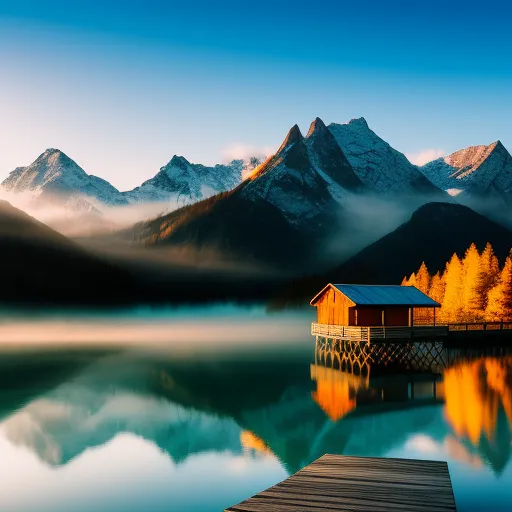 La imagen es un hermoso paisaje de un lago de montaña. El agua está tranquila y quieta, y el cielo está claro y azul. Hay montañas cubiertas de nieve a lo lejos, y una pequeña cabaña en el borde del lago. La cabaña está hecha de madera y tiene un techo rojo. Hay un muelle que se extiende hacia el lago, y hay algunos árboles en la orilla. La imagen es pacífica y serena, y captura la belleza de la naturaleza.