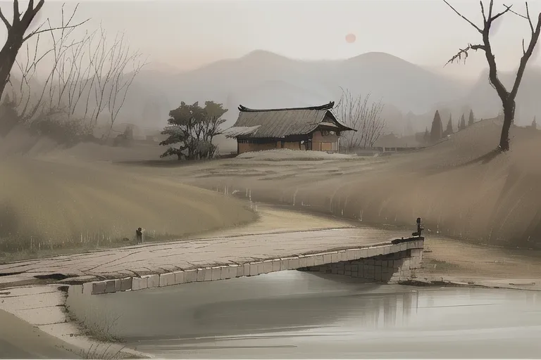 The image is a painting of a traditional Japanese house in a rural setting. The house is surrounded by trees and mountains, and there is a river in the foreground. The painting is done in a realistic style, and the artist has used muted colors to create a sense of tranquility. The overall effect of the painting is one of peace and serenity.