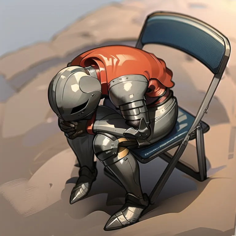 The image shows a knight sitting on a folding chair in the middle of a desert. The knight is wearing full plate armor and a helmet with a visor. The visor is down, hiding the knight's face. The knight is sitting with his head in his hands. His shoulders are slumped forward and his posture is one of defeat. The image is painted in a realistic style and the colors are muted. The background is a vast desert with a mountain in the distance. The image is full of detail and the artist has clearly put a lot of thought into the composition.