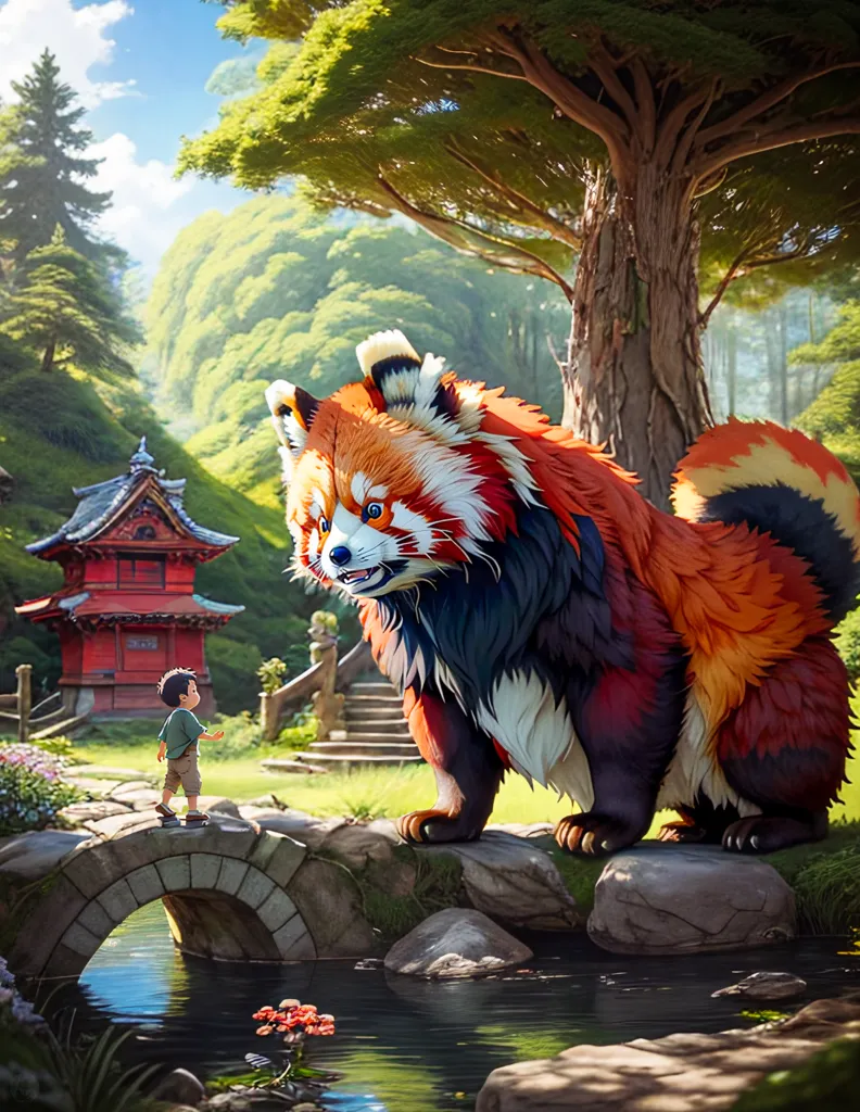 The image is of a red panda standing on a bridge in a forest. The red panda is very large and is looking down at a small boy who is standing on the other side of the bridge. The red panda has a surprised expression on its face, and the boy looks up at it in wonder. In the background, there is a small red temple with a curved roof. The bridge is made of stone and has a low arch. The water below the bridge is green and still. The trees in the forest are tall and green, and the leaves are full. There are also some flowers in the foreground. The image is very detailed and realistic, and it captures the beauty of the natural world.