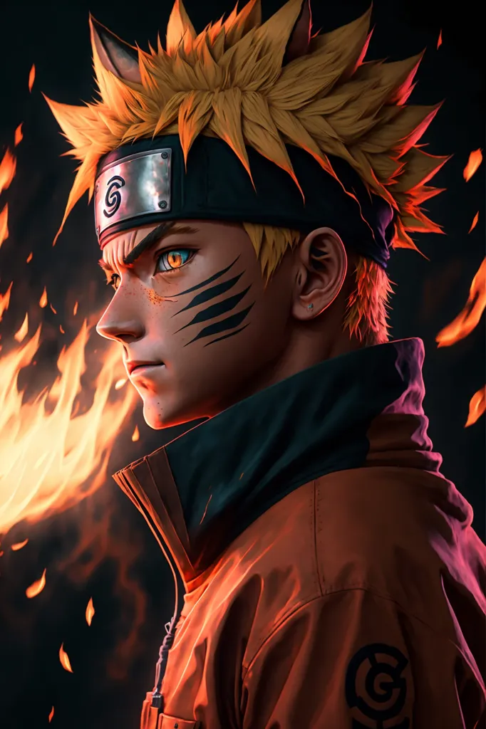 The image is of a young man with spiky blond hair and blue eyes. He is wearing a black headband with a metal plate on it. He is also wearing an orange jacket with a black collar and a black undershirt. He has a serious expression on his face and is looking to the left of the frame. There are flames in the background.