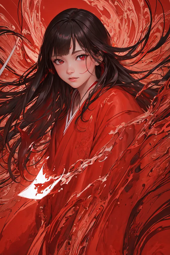 This is an image of a girl with long black hair and red eyes. She is wearing a red kimono with a white obi. She is standing in front of a red background, and there is a white paper in her left hand. The girl has a serious expression on her face.