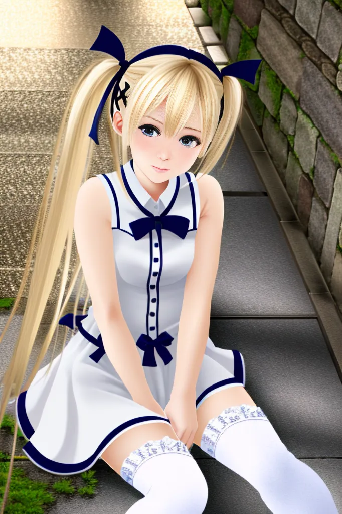 The image shows a young woman with long blonde hair and blue eyes. She is wearing a white dress with a blue bow at the collar. The dress has a pleated skirt and a white petticoat. She is also wearing white stockings and black shoes. The woman is sitting on a stone step with her legs crossed. She has a serene expression on her face. The background of the image is a blurred stone wall.