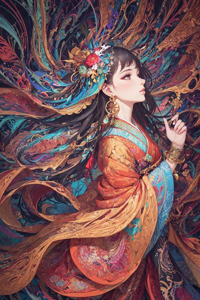 La imagen es una pintura de una hermosa mujer con cabello negro largo. Ella está usando un kimono rojo y dorado con patrones intrincados. Su cabello está adornado con flores y joyas. Ella está de pie frente a un fondo azul oscuro con un toque de azul claro. La pintura está hecha en un estilo realista y la expresión de la mujer es de una belleza serena.