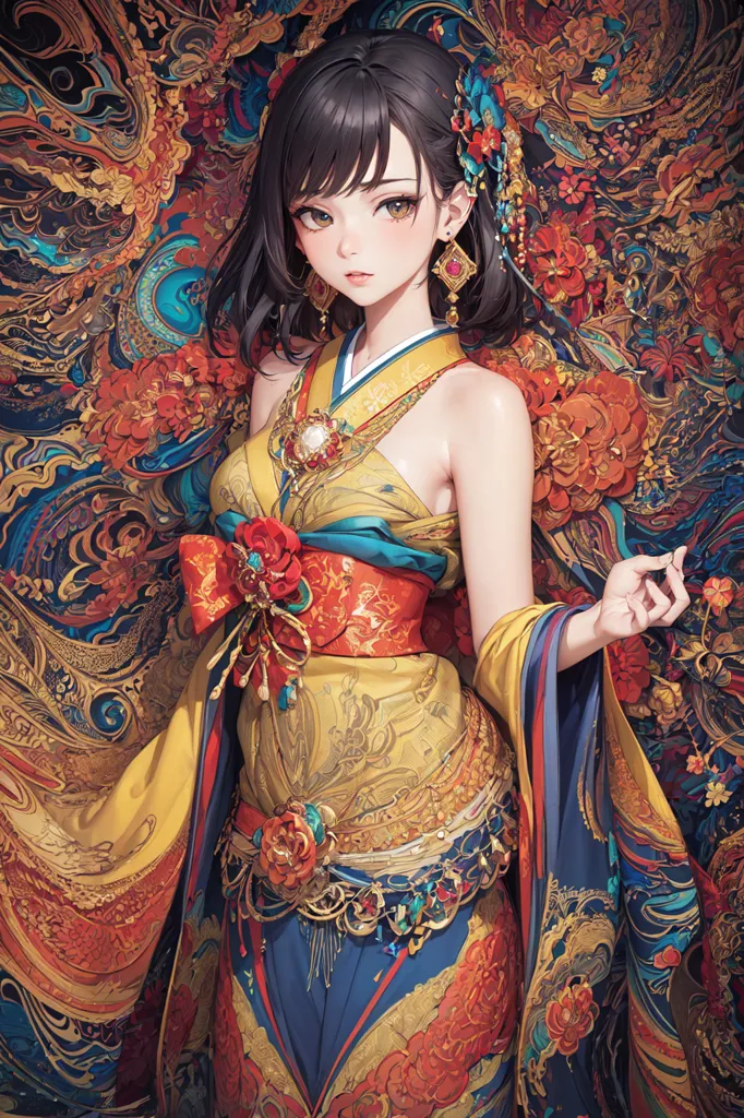 La imagen es una pintura de una mujer joven con un kimono. Tiene el cabello negro y largo y ojos marrones. Lleva un kimono rojo y dorado con un patrón floral. El kimono está atado con un obi azul. También lleva varios accesorios para el cabello, incluyendo una flor roja y una cinta azul. El fondo de la pintura es un patrón de hoja de oro.