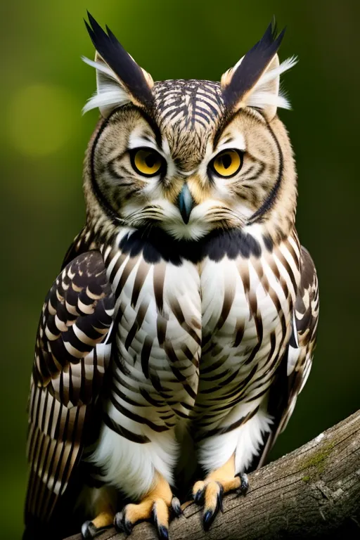 L'image est une photographie d'un hibou avec un motif unique de plumes sur sa tête et son corps. Le hibou est perché sur une branche et regarde l'appareil photo avec ses grands yeux jaunes. Les plumes du hibou sont brunes, noires et blanches, et elles sont disposées d'une manière qui crée un motif saisissant. Le bec du hibou est jaune et ses serres sont noires. L'arrière-plan de l'image est un flou de feuilles vertes.