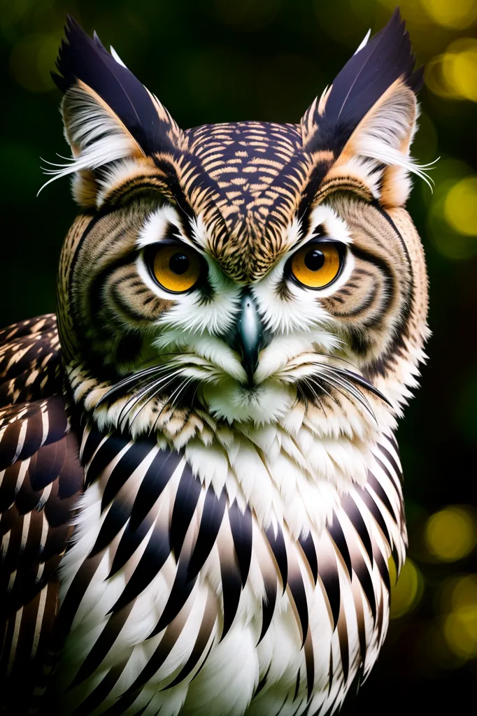 This is a photograph of an owl with its head turned to face the camera. The owl has large, round, orange eyes, a white belly, and brown and black feathers on its back and head. The owl is perched on a branch in front of a blurred background of green leaves.