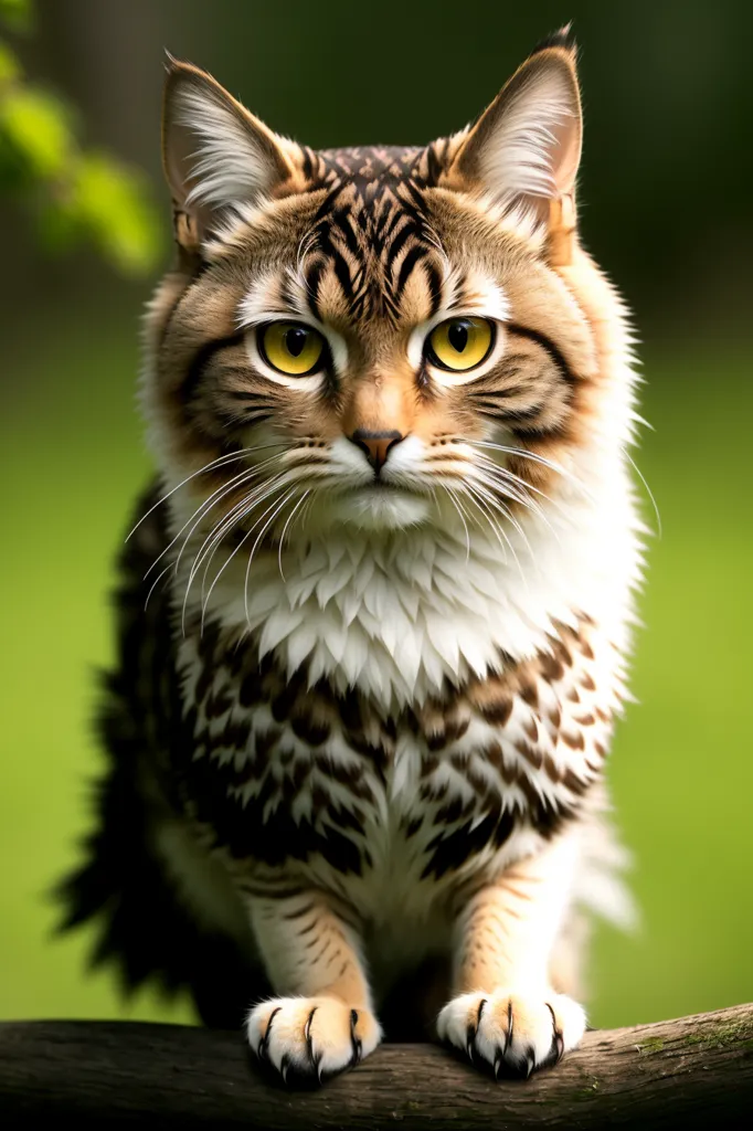 This is a photo of a cat sitting on a branch. The cat has medium length fur that is brown and white. The cat's eyes are yellow and its nose is pink. The cat is looking at the camera. The background of the photo is green.