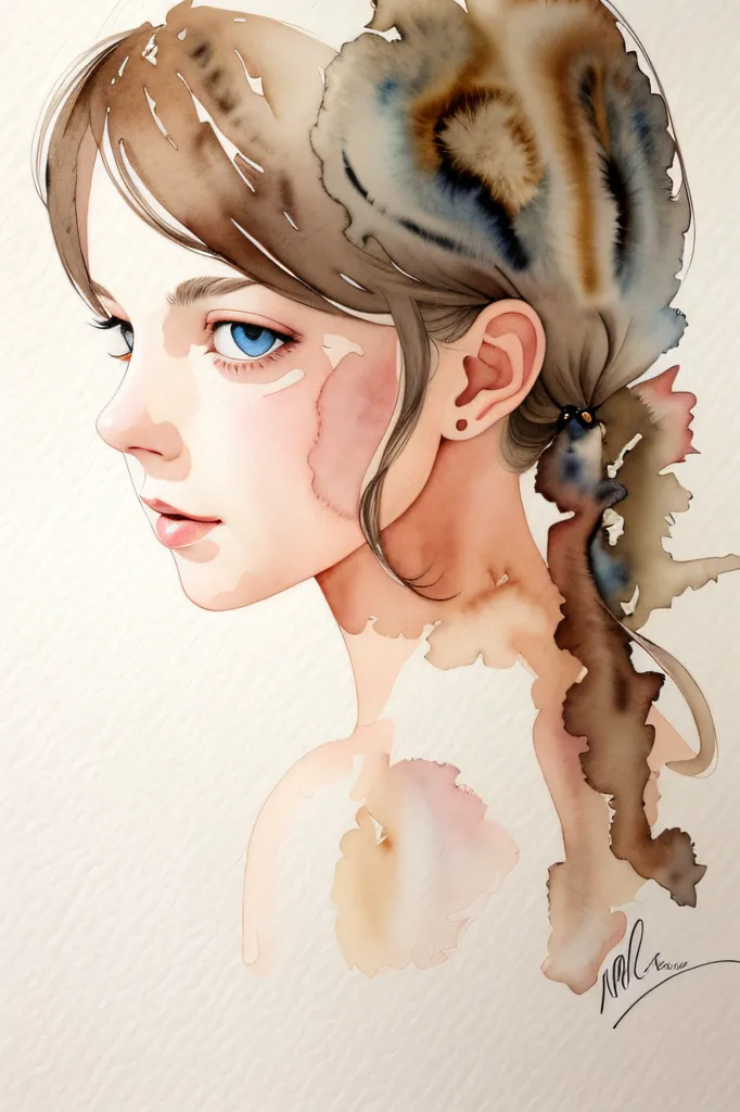 The image is a watercolor painting of a young woman. She has brown hair, blue eyes, and a pink blush on her cheeks. She is wearing a white dress. The painting is done in a loose, sketchy style, and the colors are muted and ethereal. The woman's expression is serene and thoughtful.