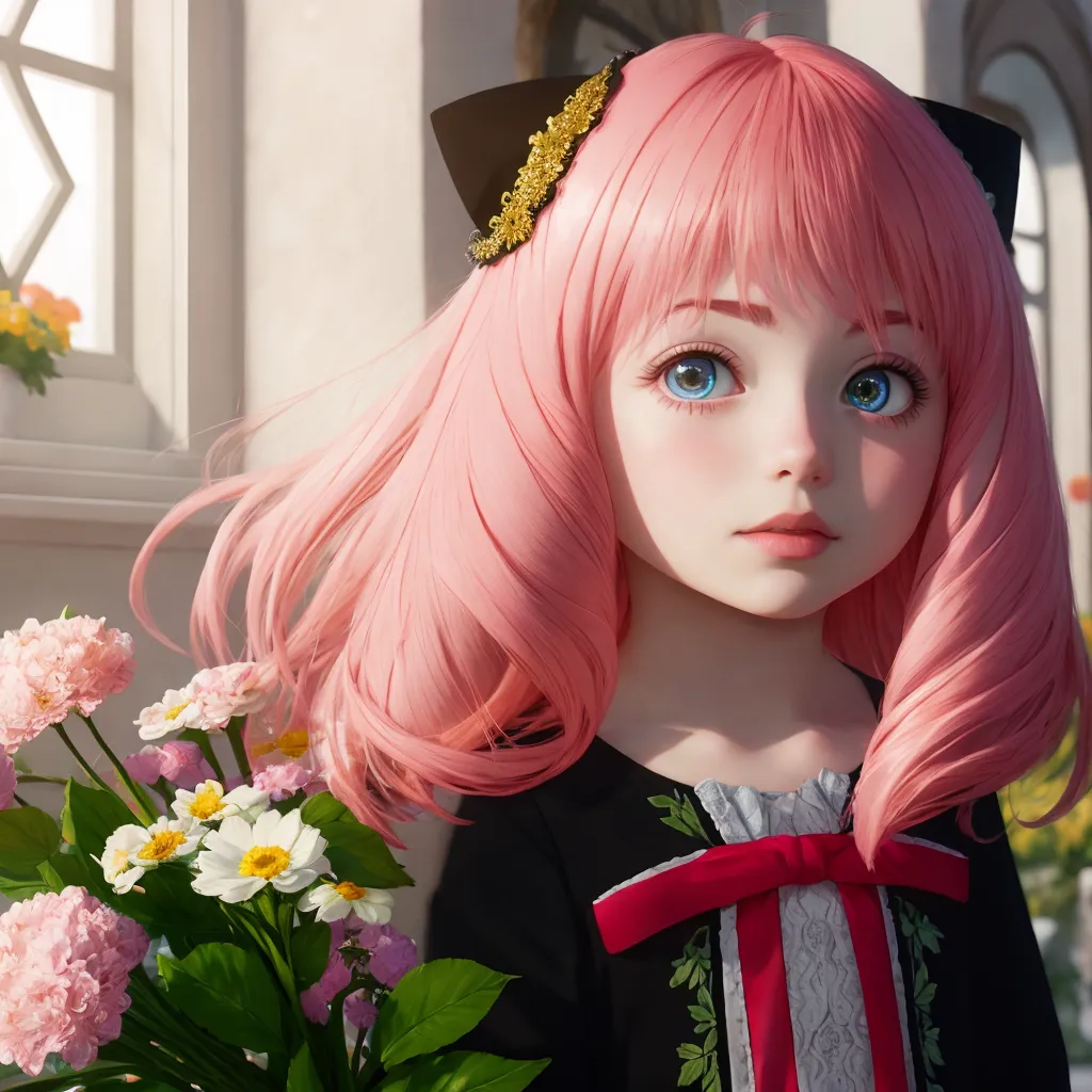 The image shows a young girl with pink hair and blue eyes. She is wearing a black dress with a red ribbon and has a black cat-eared headband on. She is standing in front of a window and there are flowers on her left side.