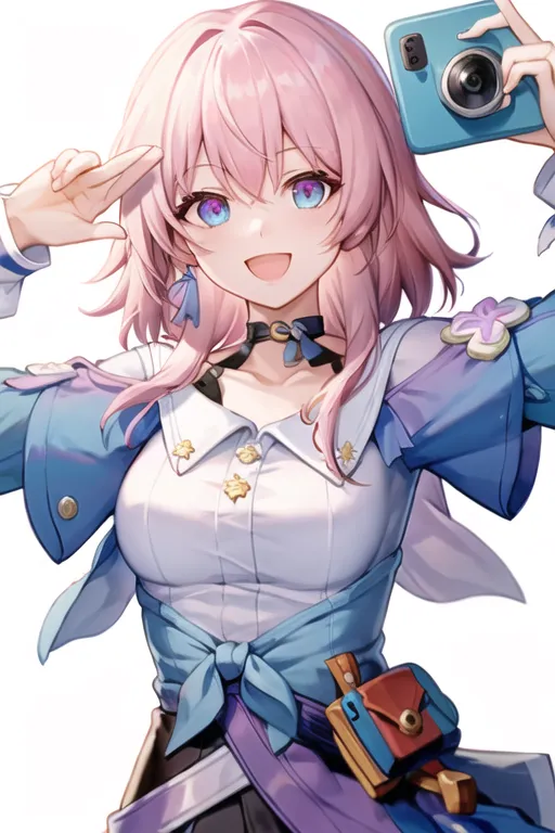 L'image montre une fille de style anime aux cheveux roses et aux yeux bleus. Elle porte une chemise blanche avec une veste bleue et un sac marron accroché à la taille. Elle tient un appareil photo bleu et fait un signe de la paix avec sa main droite. Elle sourit et a l'air heureuse. L'arrière-plan est blanc et il n'y a pas d'autres objets dans l'image.