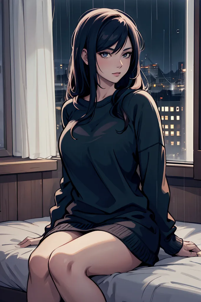 The image is of a young woman with long black hair and blue eyes. She is wearing a black sweater and a gray skirt. She is sitting on a bed in front of a window. The window is covered in rain. There is a cityscape in the background. The woman is looking at the rain with a pensive expression on her face.