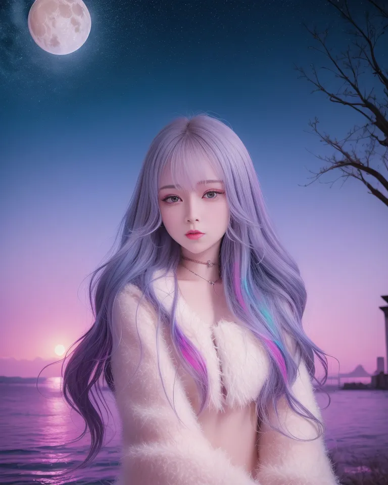 The image is a portrait of a young woman with long purple hair. She is wearing a white fur coat and a necklace with a blue gem in the center. The background is a sunset over a body of water with a full moon rising in the night sky.