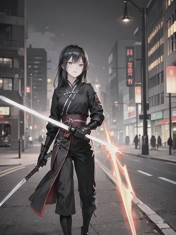 A young woman with long black hair is walking down a city street. She is wearing a black and red outfit and carrying two swords. The street is lit by streetlights and there are people walking in the background. The woman looks like she is on a mission.