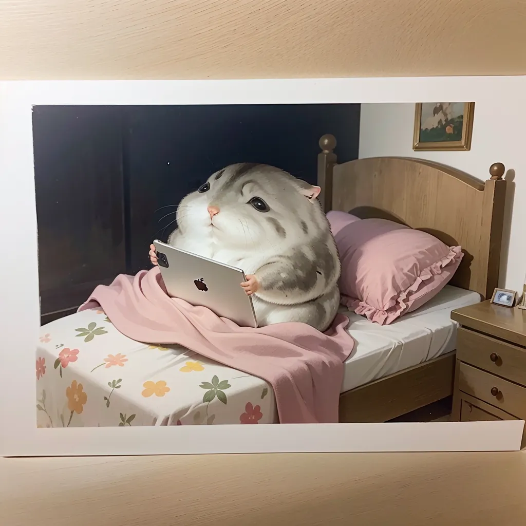 The image shows a hamster sitting on a bed, holding an iPad. The hamster is wearing a pink blanket. The bed has a pink and white floral sheet. There is a nightstand next to the bed with a picture on it. The room is lit by a warm light.