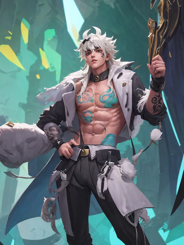 This is an image of a man with white hair and blue eyes. He is wearing a white and black outfit and has a sword in his hand. He is standing in a blue background with green and yellow lights. He has tattoos on his arms and chest.