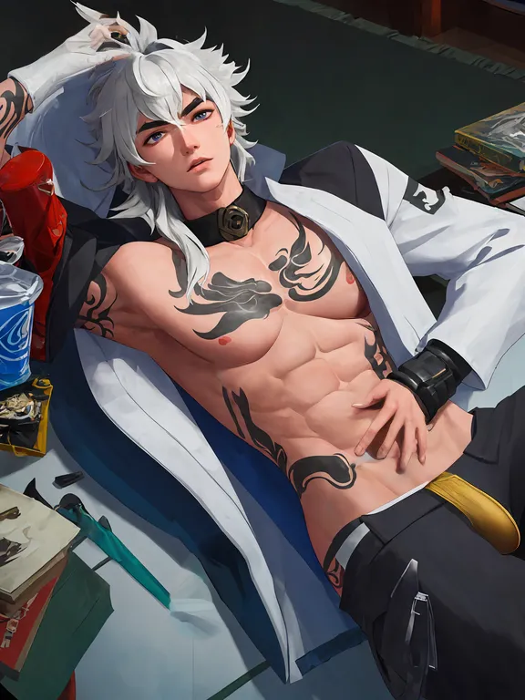 The image contains a shirtless man with white hair and black tattoos on his chest and arms. He is wearing a white jacket and black pants, and he is lying on a bed with a white blanket. There are some books and papers on the bed, and a blue cup on the floor. The man has his hand on his chest and he is looking at the viewer with a seductive expression.