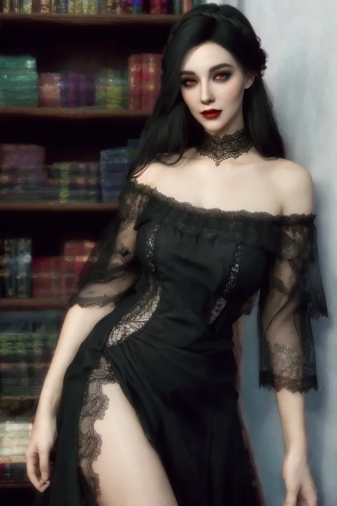 The image is of a woman standing in front of a bookshelf. She is wearing a black off-the-shoulder dress with a high slit, and a black choker with a red gem in the center. Her hair is long and black, and her eyes are red. She is leaning against the bookshelf with one hand, and the other is resting on her hip.