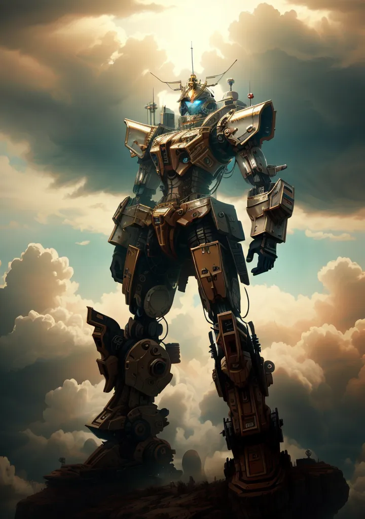 The image shows a giant robot standing on a rocky hill. The robot is made of metal and has a golden color. It has a large head with a blue visor and a lot of antennas and other equipment on top of it. The robot's body is covered in armor and has several large guns attached to it. The robot is standing in a heroic pose and looking to the left. The background of the image is a cloudy sky.