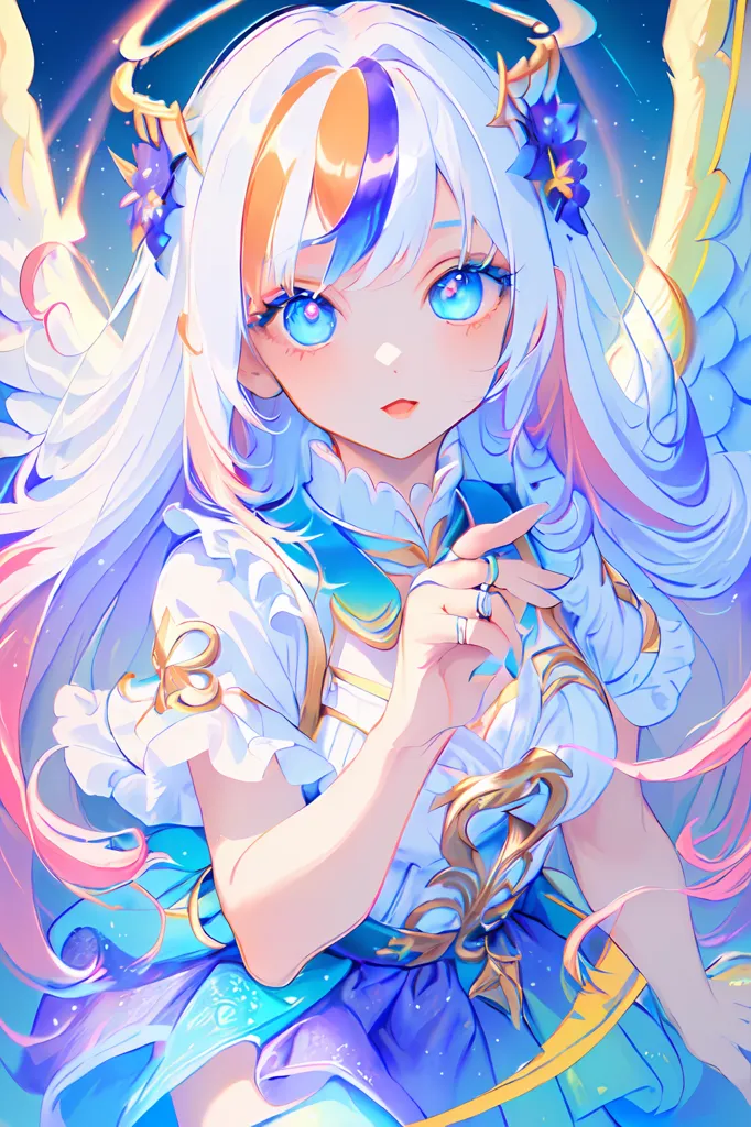 The image is of an anime-style girl with long, white and blue hair and blue eyes. She is wearing a white and blue dress with a gold ring on her finger. She has a halo above her head and is surrounded by a starry background. She is also has angel wings.