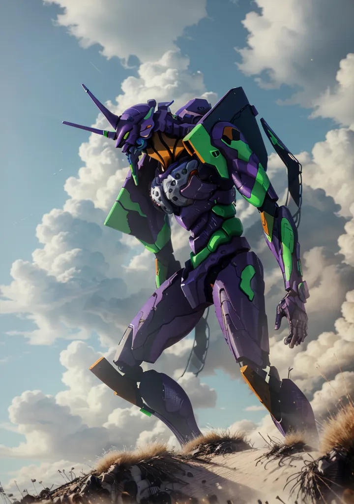 The image shows a giant purple and green robot standing in a field of rubble. The robot has a humanoid shape, with two arms, two legs, and a head. It is also wearing a helmet with a visor. The robot is standing in a field of rubble. There are clouds in the background.