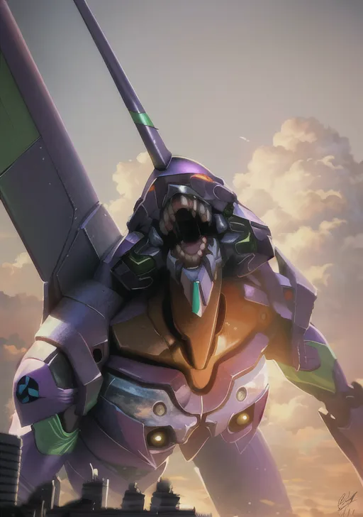 Gambar ini adalah lukisan dari Unit-01 Evangelion, robot raksasa berwarna ungu dari serial anime Neon Genesis Evangelion. Robot itu berdiri di sebuah kota, dengan gedung-gedung dan bianglala di latar belakang. Langit berwarna oranye dan ada awan-awan di langit. Robot itu menatap penonton dengan mulut terbuka dan matanya bersinar.