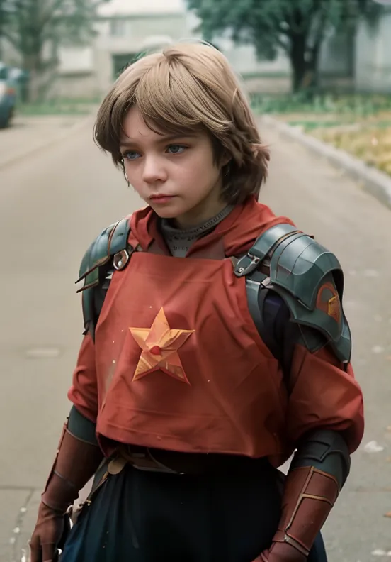 The image shows a young boy with short blond hair and blue eyes. He is wearing a red shirt with a yellow star on the chest and shoulder pads. He is also wearing a green vest and brown pants. He has a sword on his left hip. The background is blurred, but it looks like he is in a city.