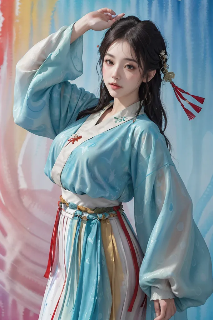 L'image montre une jeune femme portant une robe traditionnelle chinoise. La robe est bleue et blanche avec une broderie complexe. La femme a de longs cheveux noirs et porte une fleur rouge dans ses cheveux. Elle porte également un collier et des boucles d'oreilles. L'arrière-plan de l'image est un dégradé de bleu et de blanc.