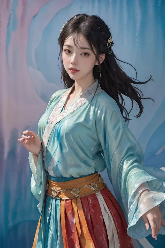 The image shows a young woman in a blue and orange hanfu. The hanfu is a traditional Chinese dress. The woman has long black hair and brown eyes. She is wearing a white belt with a brown buckle, a necklace, and a bracelet. She is standing in front of a blue background with a waterfall.