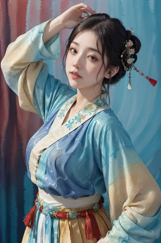 The picture shows a young woman in a blue and white traditional Chinese dress with a white and red belt and hairpiece. She has long black hair and brown eyes and is looking at the viewer with one hand on her head. The background is a blue and pink gradient.