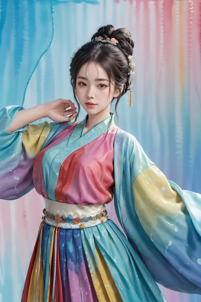 A imagem mostra uma jovem mulher vestindo um vestido tradicional chinês (Hanfu) com um padrão de gradiente colorido. O vestido tem uma saia longa e uma jaqueta curta com mangas largas. A mulher tem o cabelo preso em um coque e está usando acessórios tradicionais chineses para o cabelo. Ela também está usando um colar e um cinto. O fundo é um gradiente de azul e rosa.