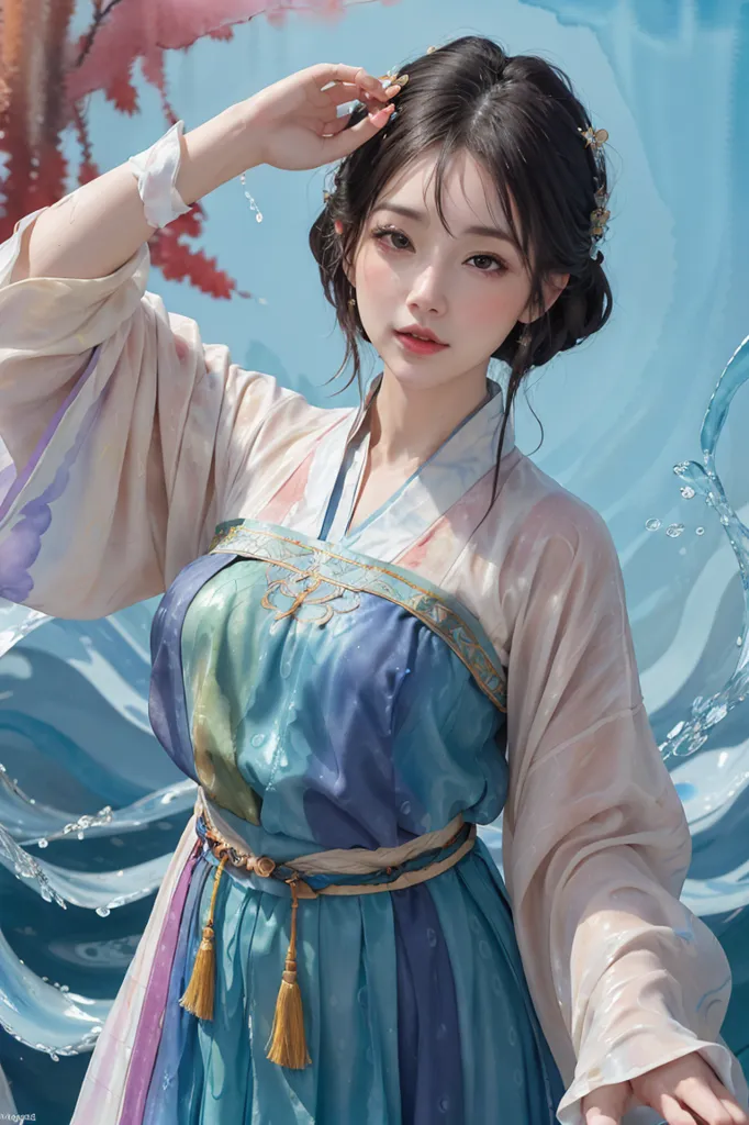 The picture shows a beautiful young woman with long dark hair and brown eyes. She is wearing a traditional Chinese dress with a blue and white gradient. The dress is decorated with intricate patterns and has a long flowing skirt. The woman is standing in front of a blue background with a pattern of crashing waves.