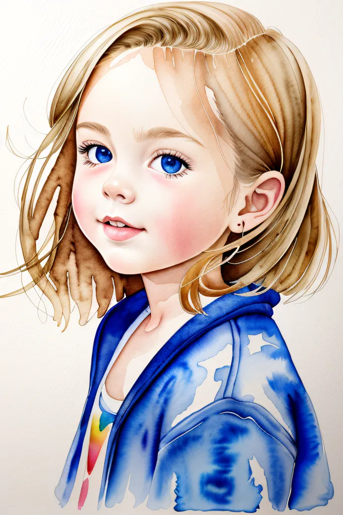 A imagem é uma pintura em aquarela de uma menina jovem com cabelos loiros e olhos azuis. Ela está usando uma camisa azul com estrelas brancas. A pintura é feita em um estilo realista, e a expressão da menina é de felicidade e inocência. O fundo é um branco simples, o que ajuda a fazer da menina o foco da pintura.