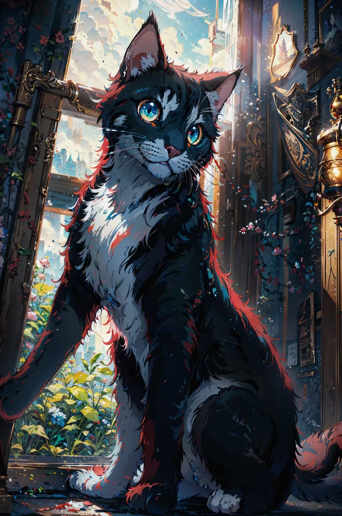 The image is a painting of a cat sitting on a windowsill. The cat is black with white paws and a white belly. It has blue eyes and a pink nose. The window is open, and there are flowers and plants outside. There is a building in the background. The painting is done in a realistic style, and the artist has used light and shadow to create a sense of depth and atmosphere.