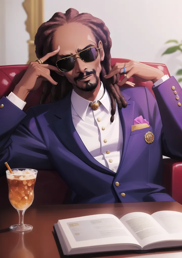 This image shows a man with dreadlocks wearing sunglasses, a white shirt, and a purple suit. He is sitting in a red leather chair with a book open on the table in front of him. He has one hand resting on the book and the other holding a glass with a straw in it. He is looking at the camera with a serious expression.